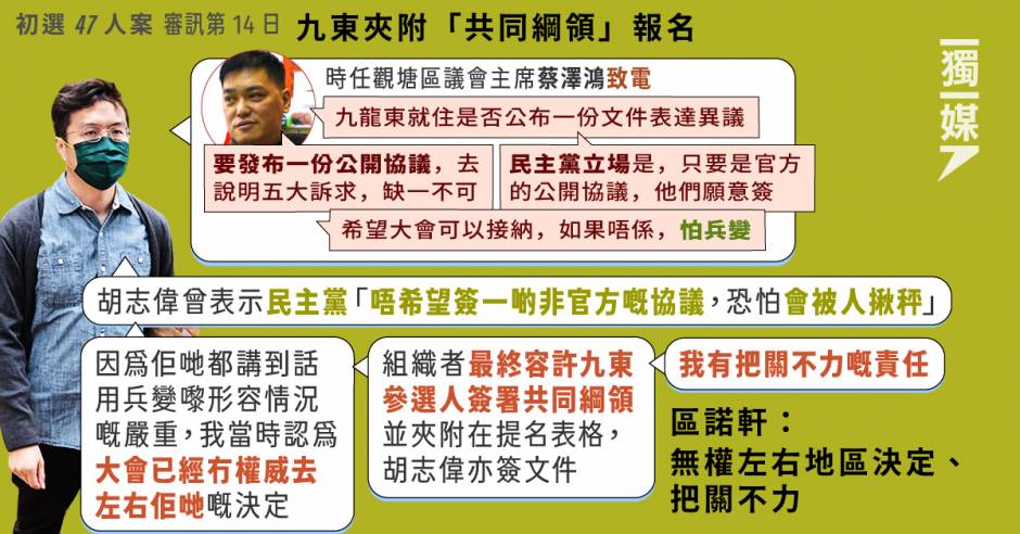 【初選47人案】九東夾附「共同綱領」報名 區諾軒：無權左右地區決定、把關不力 獨立媒體 Line Today