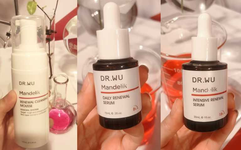 左起：DR.WU杏仁酸煥膚潔顏慕斯160ml／750元；DR.WU杏仁酸溫和煥膚精華8% 15ml／800元；DR.WU杏仁酸溫和煥膚精華18% 15ml／800元（圖／黃筱婷攝影）