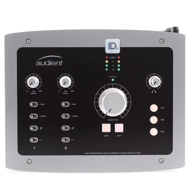 id22錄音介面中提供大型控台的音頻性能 提供一對audient控台麥克風前級領先的burr brown轉換器技術控台風格的監聽控制jfet d.i樂器輸入adat可擴充性的輸入輸出用戶定義的功能鍵平