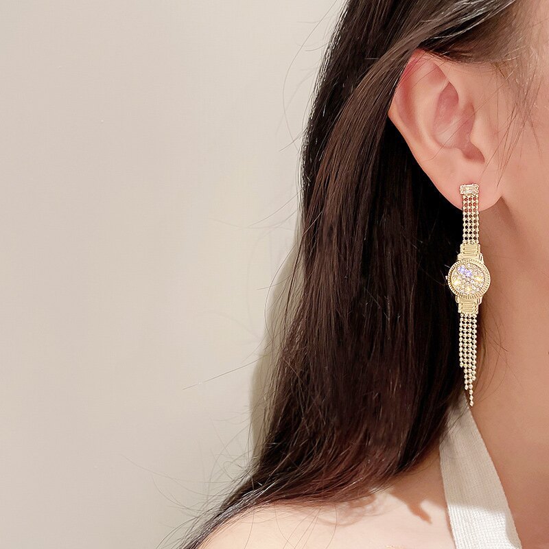 925銀針歐美個性夸張鑲鉆手表耳墜時尚流蘇高級感耳環女耳飾品潮
