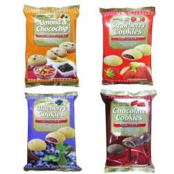 葡萄糖漿.脫脂奶粉.碳酸氫鈉.香料(藍莓,香莢蘭醛).鹽。真美味巧克力風味夾心餅乾商品成份小麥粉.巧克力醬[糖.植物油(棕櫚油).可可粉.大豆卵磷脂.香莢蘭醛].人造奶油[棕櫚油.水.鹽.複方乳化劑(