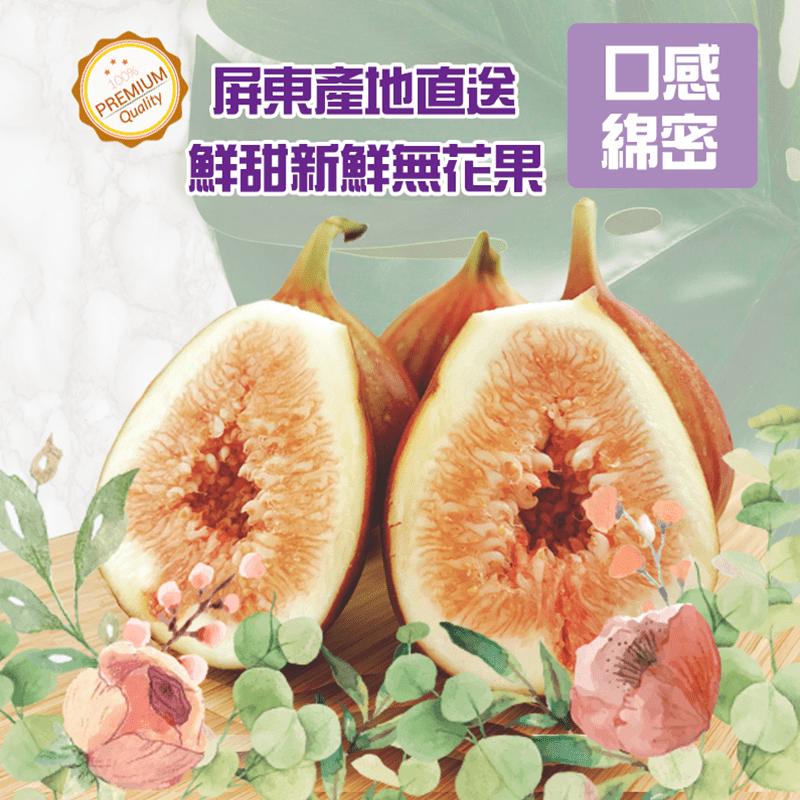 無毒新鮮無花果，口感綿密、果肉軟Q，整顆都可以吃。滿滿維生素、豐富營養，每一口都讓你活力滿滿，充滿好精神！甜度高、水分充足，口感細緻，甜中帶淡淡香氣，吃起來像水蜜桃般，越熟越香越好吃，吃的時候能帶皮一