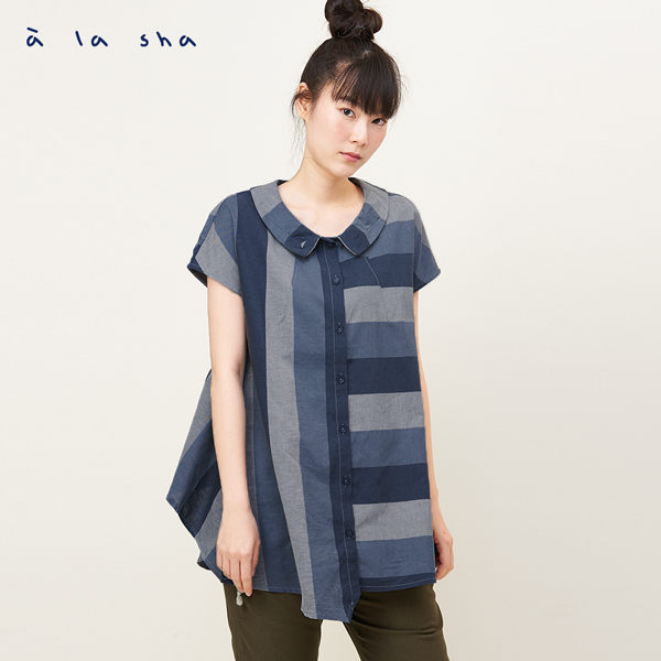 a la sha Qummi 條紋拼接不對稱造型襯衫