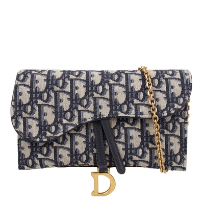 DIOR 老花 復古金屬 小款 鍊帶肩背包/手拿包 (藍色) Saddle Oblique Wallet