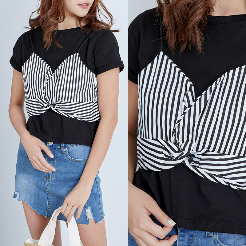 假兩件條紋背心短袖棉質上衣-efashion 預【m13909201】