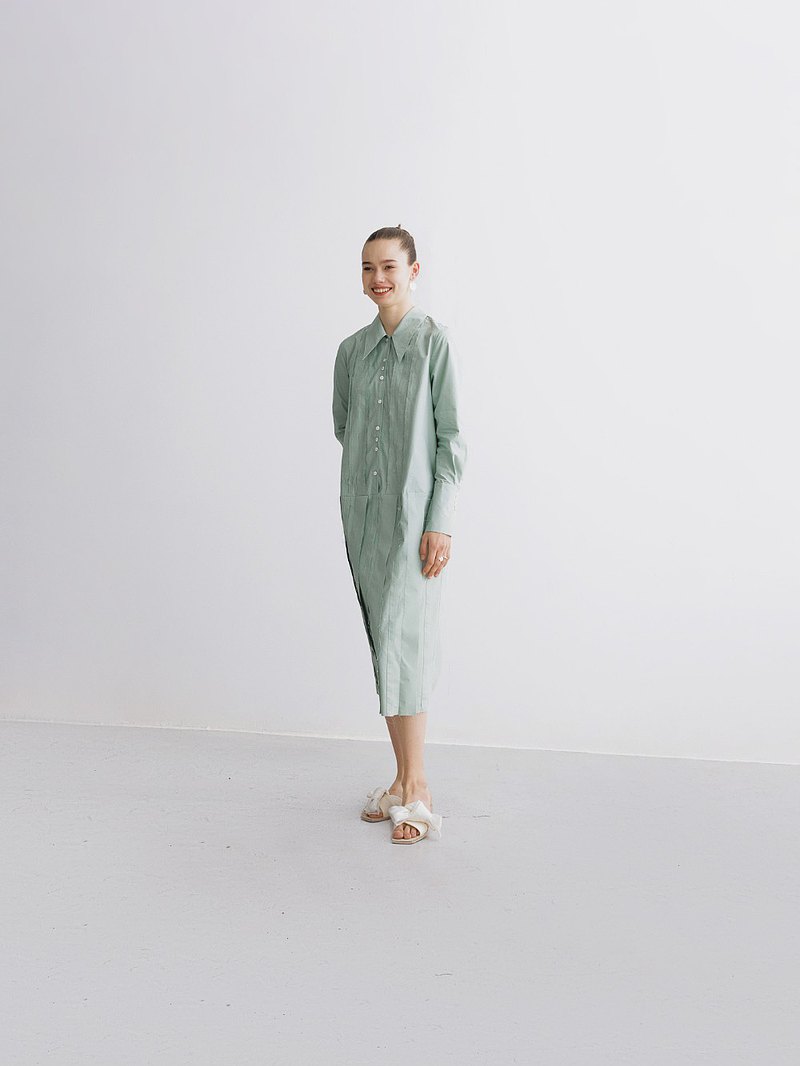 慢茶 mchastudios 全棉直身尖領毛邊襯衫式連衣裙 #764