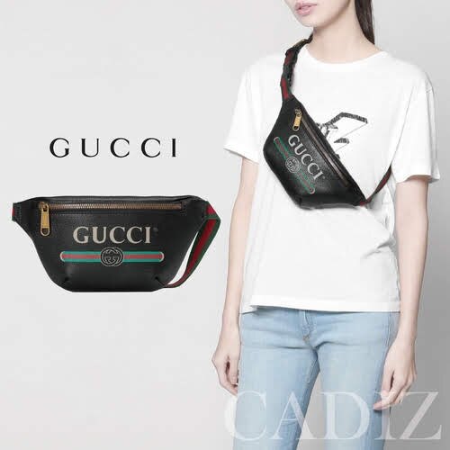 預購 義大利正品 GUCCI Print belt bag 黑色經典復古紅綠斜肩腰包 527792