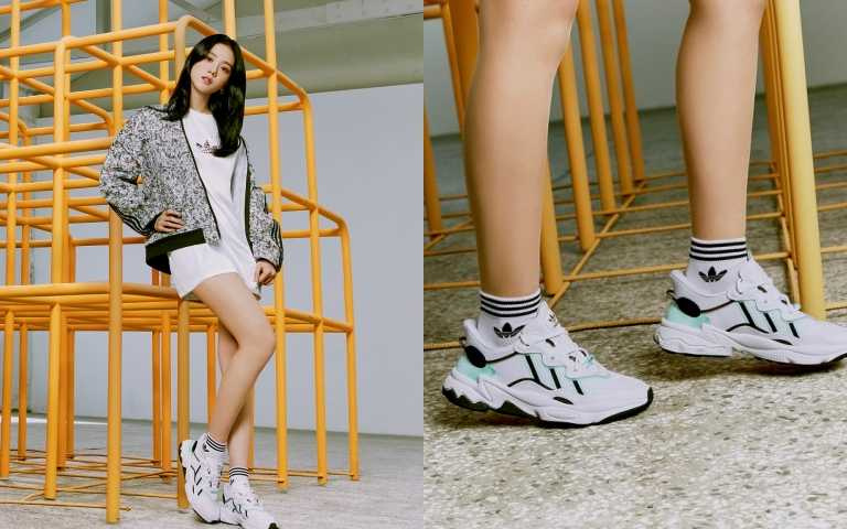 adidas Originals BELLISTA 系列碎花運動外套／3,490元；長版T恤連身裙／2,090元；OZWEEGO女生鞋款／4,290 元（圖／品牌提供）