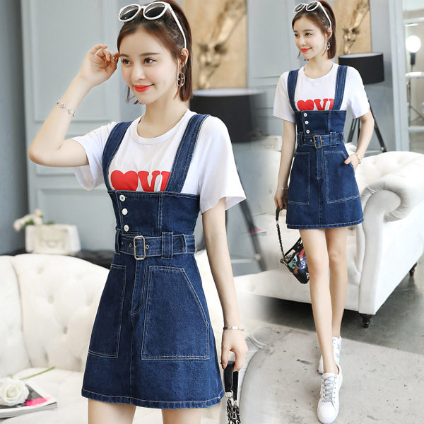 VK旗艦店 韓國風時尚復古高腰牛仔吊帶裙小清新套裝短袖裙裝