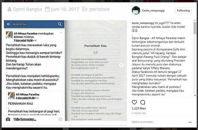 Afi Nihaya Minta Maaf Setelah Tulisan-tulisannya Ramai Diberitakan Sebagai Plagiat