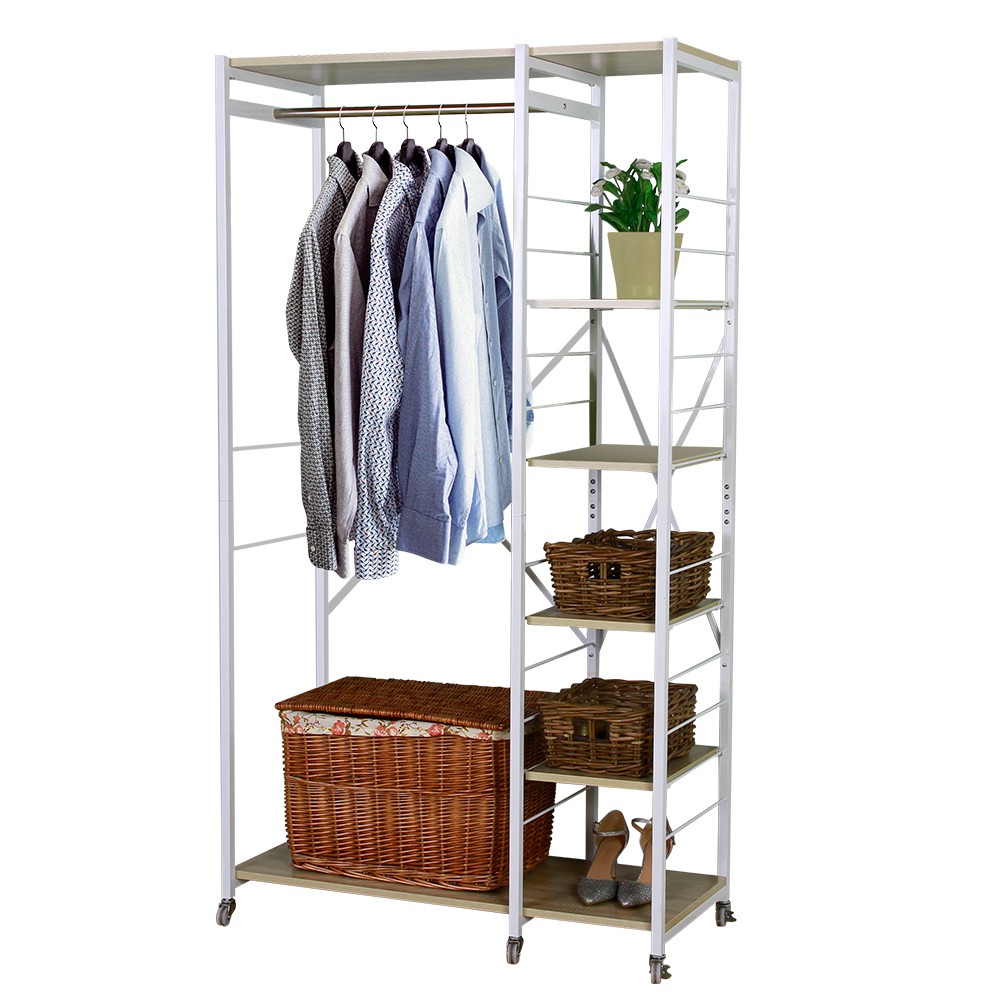 ※ 不鏽鋼吊衣桿 堅固耐用※ 鐵管烤漆不易生鏽不扎手※ 五層善用收納大空間商品材質：鐵管烤漆、不鏽鋼、PP、PB板商品規格：深41cmx寬95.5cm*高174cm鐵管直徑：20mmx20mm不鏽鋼桿