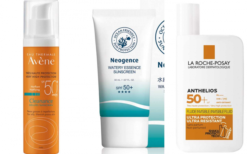 Avene全效極護控油清爽防曬液SPF50+‧50ml／1,080元、Neogence水感全效防曬乳SPF50+‧ 50ml／650元、理膚寶水安得利清爽極效夏卡防曬液SPF50+‧PPD46‧PA++++ 50ml／800元（圖／品牌提供）
