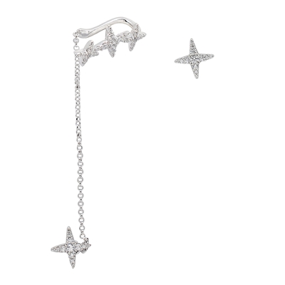 apm MONACO法國精品珠寶 閃耀鑲石銀色星星鏈條耳骨夾配耳環