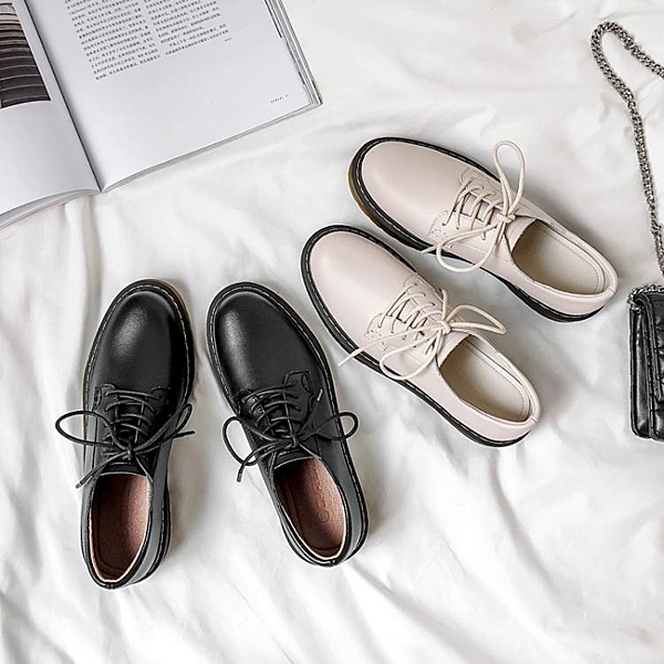 牛津鞋 初系真皮小皮鞋女日系jk學院風英倫復古厚底牛津鞋平底系帶單鞋女 寶貝計劃
