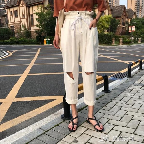 休閒褲 女裝正韓寬鬆綁帶鬆緊腰破洞顯瘦高腰休閒褲闊腿褲九分褲 樂芙美鞋