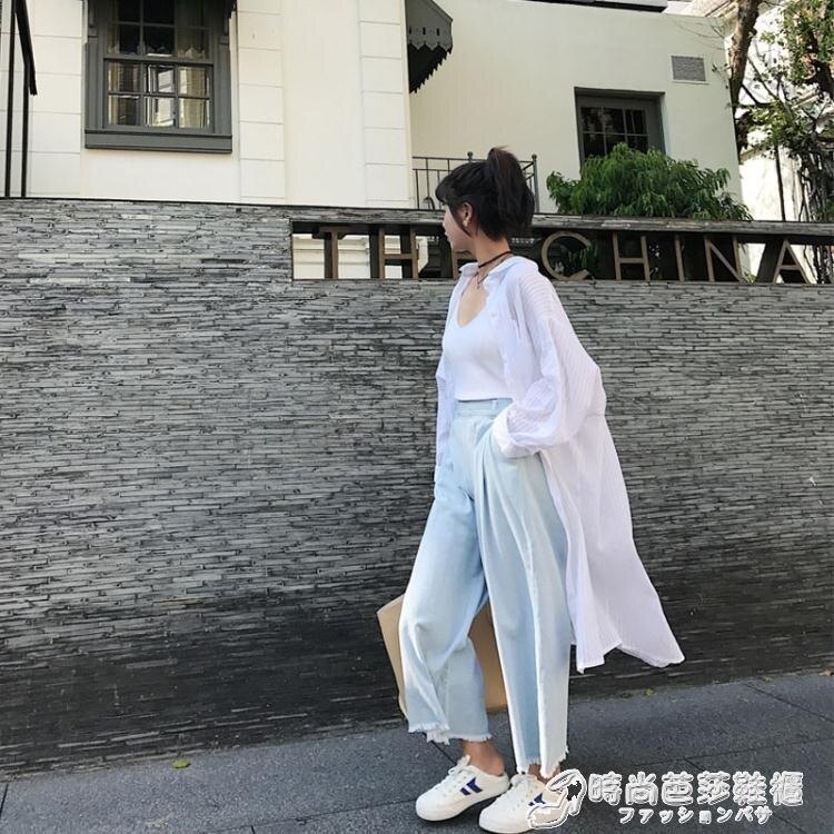 超長開衫女夏季韓版bf潮中長款過膝防曬衣百搭學生寬鬆襯衫薄外套