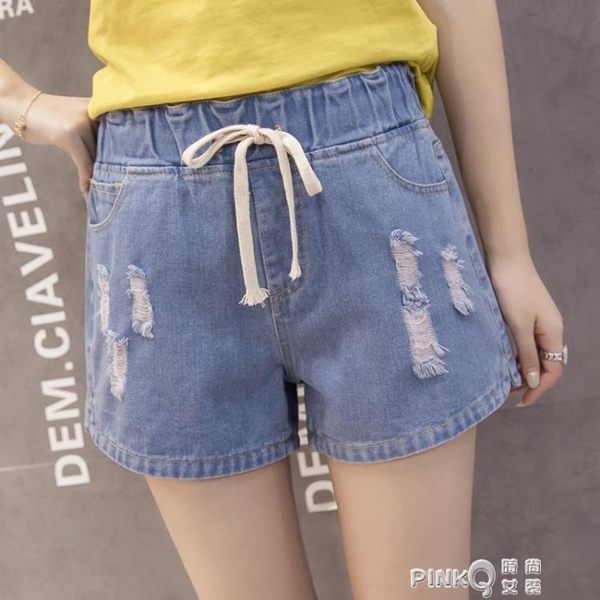 鬆緊帶牛仔短褲女寬鬆闊腿胖mm200斤加肥加大碼女生外穿哈倫褲子 【PINKQ】