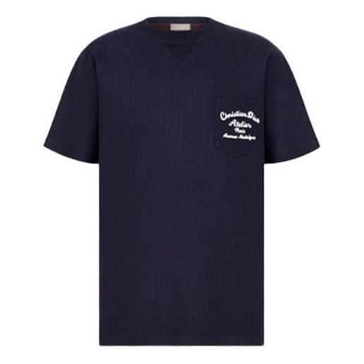 Men's DIOR SS22 Embroidered Plain Weave Knit Short Sleeve Navy Blue T-Shirt