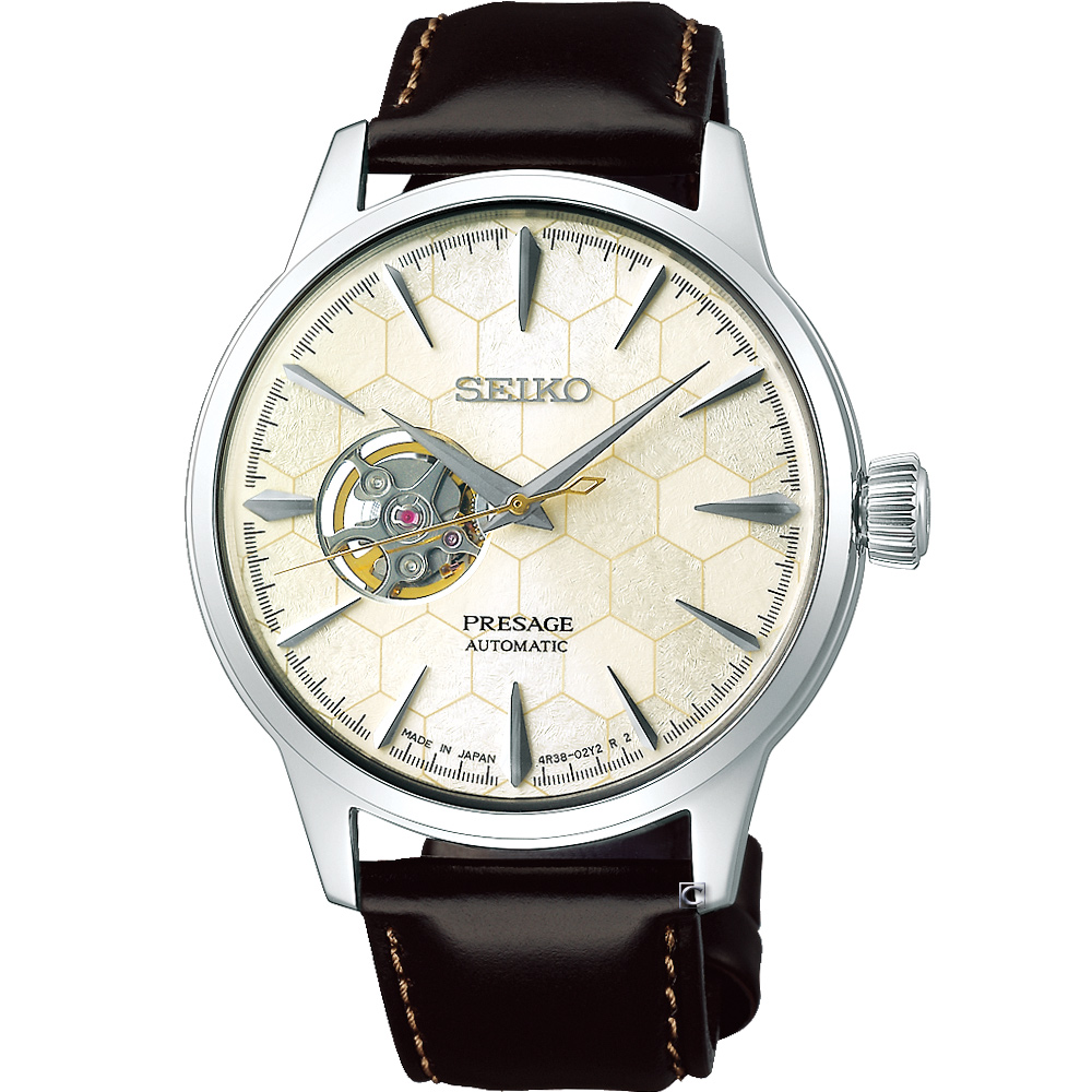 原廠公司貨特殊蜂巢面板設計自動兼手動上鍊機芯鏤空錶背可鑑賞機芯不鏽鋼錶殼，皮革錶帶料號：4R38-01X0C SSA409J1