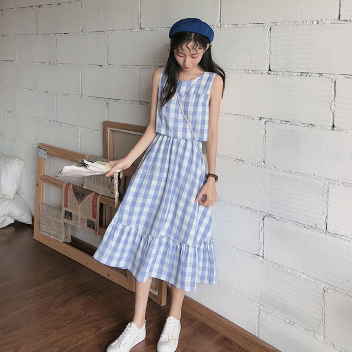 [現貨] 學院風小清新格子假兩件無袖洋裝 度假風海灘裙 韓版時尚高腰無袖連身裙 收腰顯瘦A字裙 過膝長裙 中長款魚尾裙