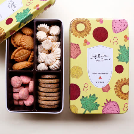 內含品項：1.椰子鳳梨蛋白餅2.楓糖餅乾3.蜜香紅茶沙布列餅乾4.草莓雪球