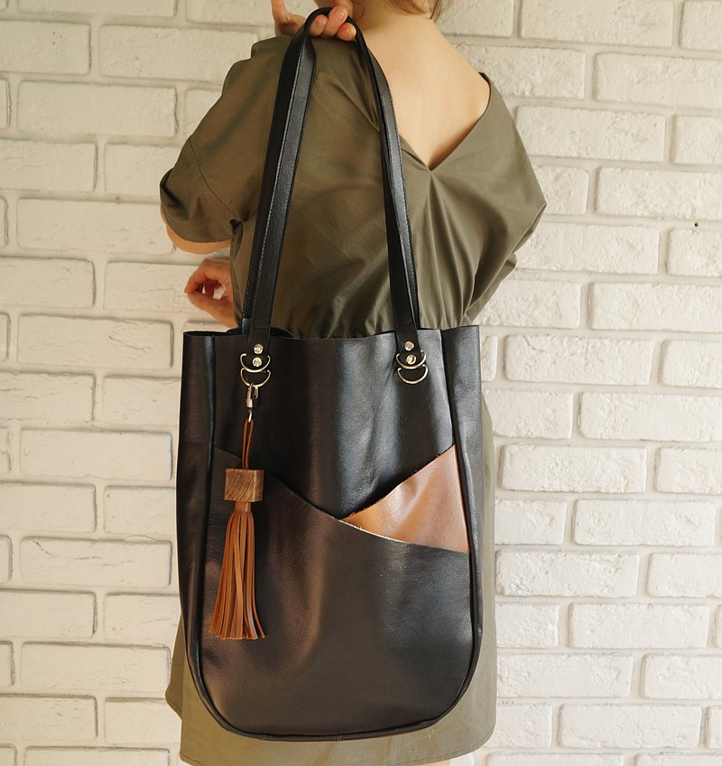 黑色筆記本電腦包，雙口袋購物袋真皮真皮