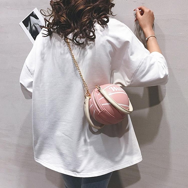 可愛籃球包包女2020新款個性ins百搭小圓包網紅粉色手提斜挎包潮