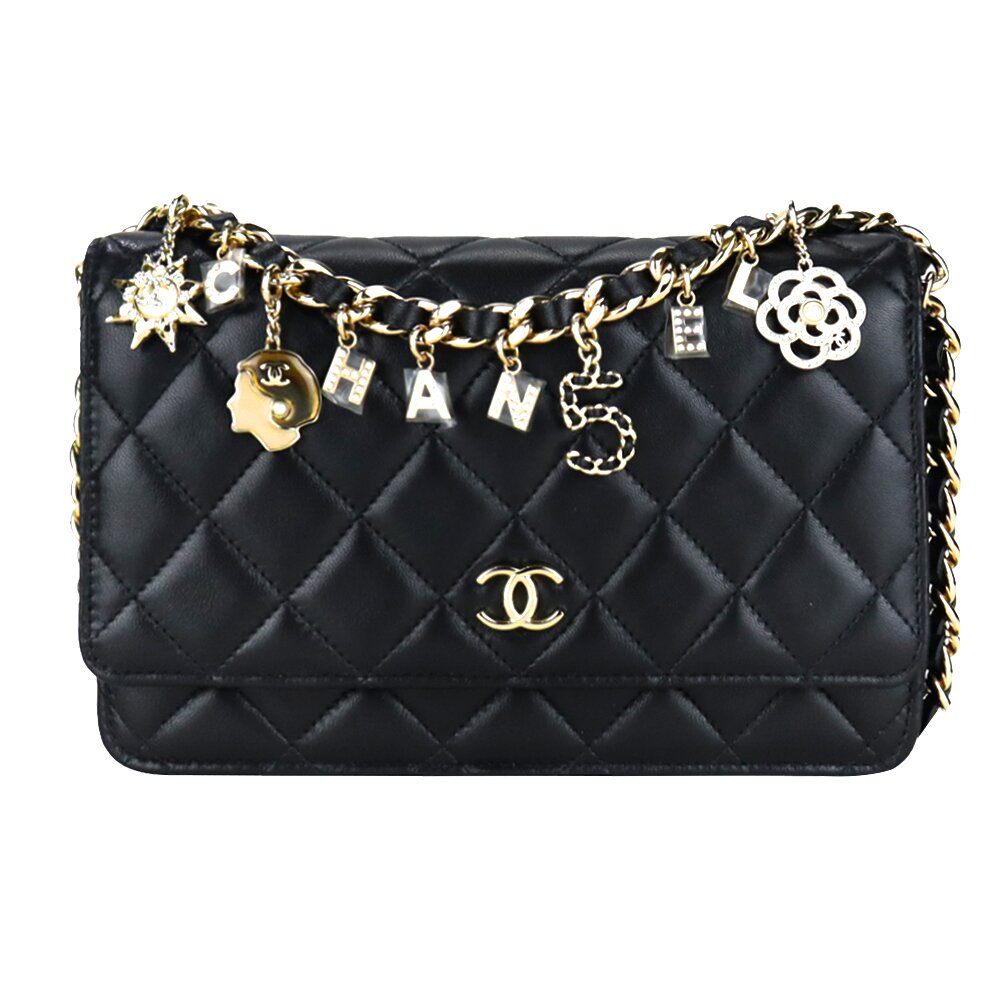 CHANEL 經典菱格紋小羊皮LOGO綴飾鏈帶WOC斜背包(黑)