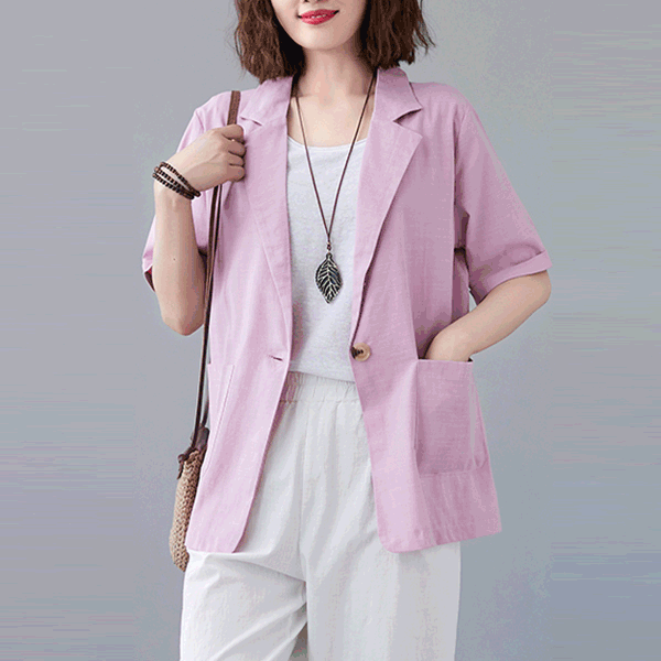 中大尺碼 外套 純色休閒棉麻短袖西裝外套【051514】MAY04｜3色 19LADY〔現貨〕