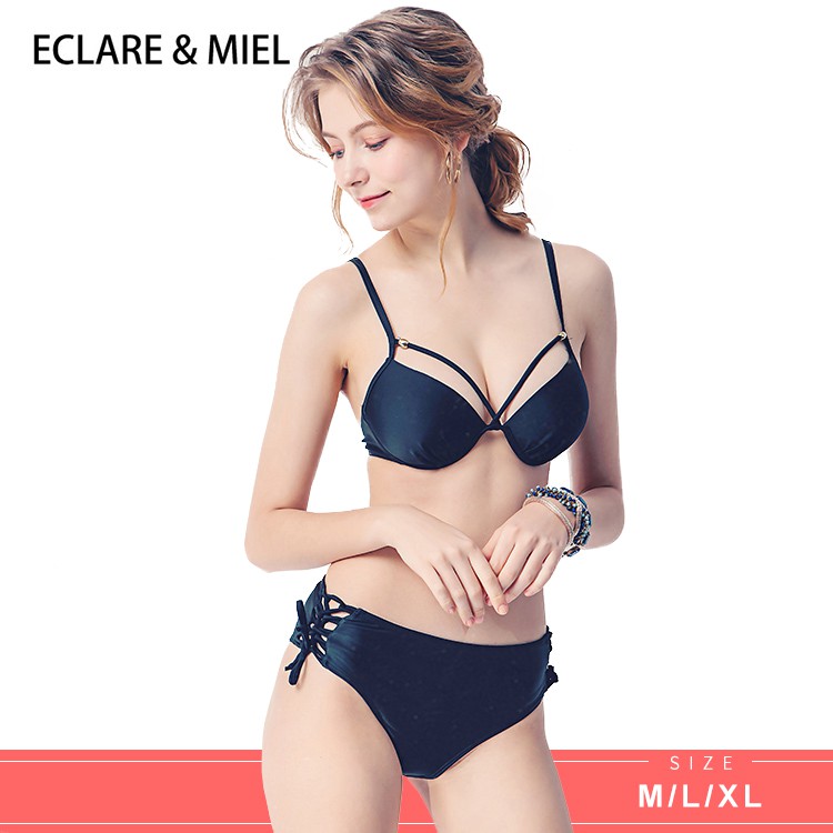 (現貨)ECLARE & MIEL - 夏威夷系列歐美性感胸前深V細帶鏤空兩件式比基尼泳裝(黑色)【CSW0042-1】
