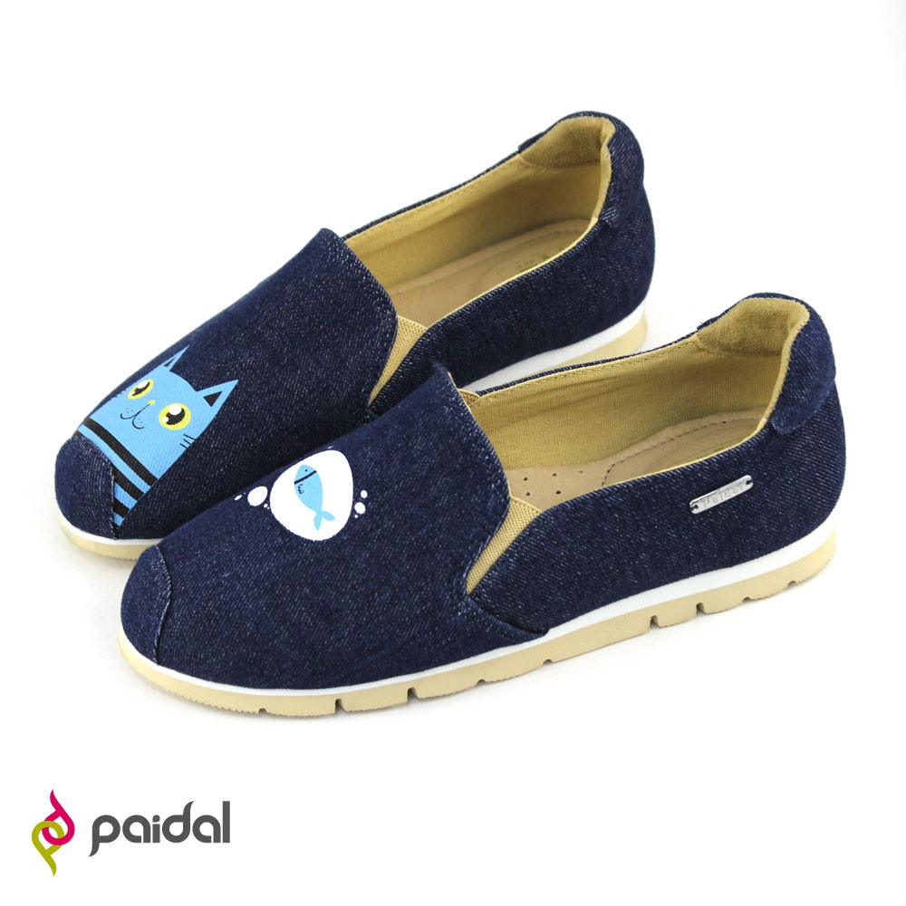 Paidal貓咪與魚輕運動休閒鞋樂福鞋懶人鞋-深藍