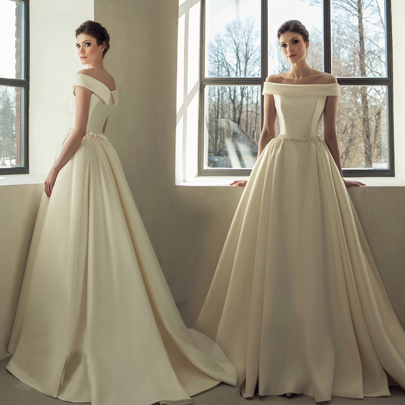 天使嫁衣 公主氣質修身一字肩新娘鑽石腰帶緞麵拖尾婚紗禮服w2788