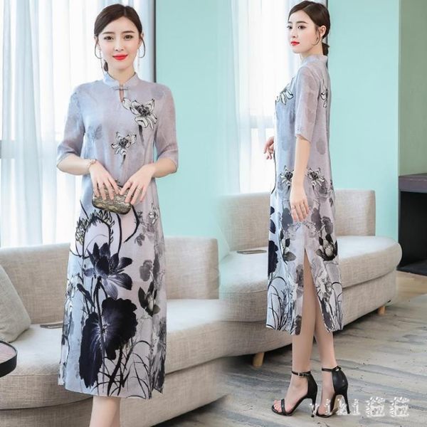 中國風復古洋裝 高端優雅寬鬆大碼荷花印花中長款旗袍連身裙 XN1672【VIKI菈菈】