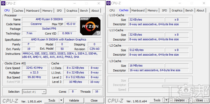 AMD Ryzen 9 5900HX CPU-Z 詳細資訊