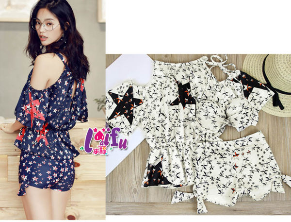 女生三件式(一件比基尼+一件四角褲+一件露肩上衣)共三件，皆可下水游泳泡溫泉