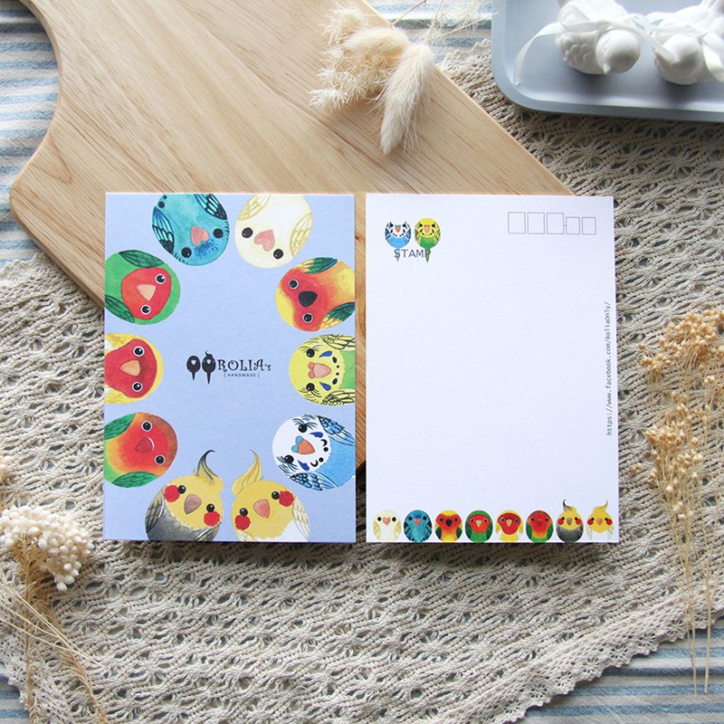 手繪Q版鸚鵡圖案明信片 象牙紙240g，可使用鋼筆墨水