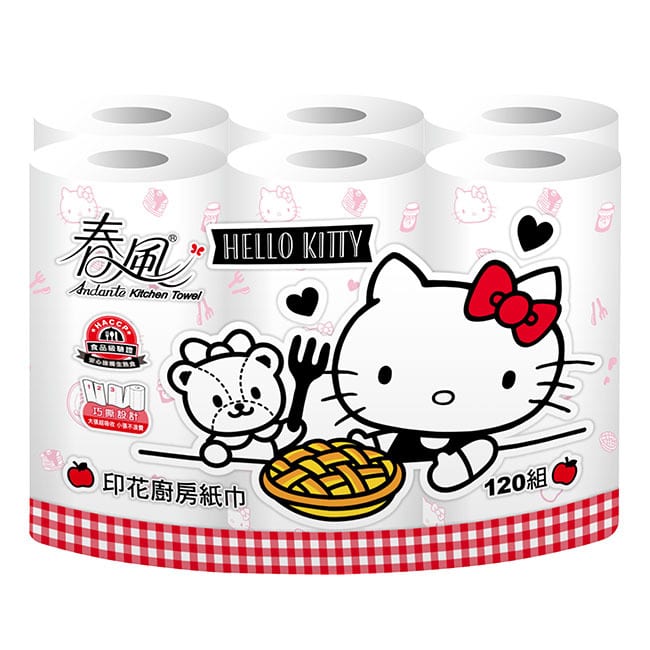 【春風】廚房紙巾-新Kitty印花分享篇-120組*6捲*8串-箱購