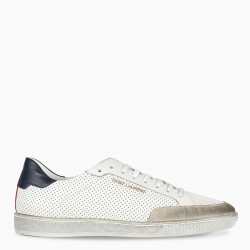 Classic SL/10 Court sneakers by Saint Laurent in white perfored leather featuring blue and red leath