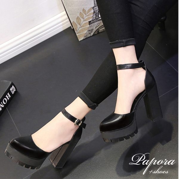 PAPORA防水底台粗跟扣帶高跟鞋【KK8-1】黑色