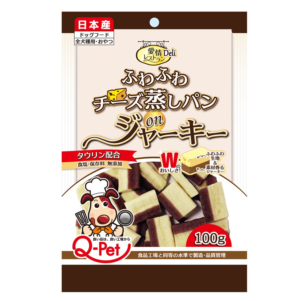 【 日本九州國產Ｑ-pet 起士麵包雞肉短條 】 ●以起士與日本國產雞肉製作而成的夾心肉條。● 由於是小長方體的特性，適合各式犬種。● 不添加鹽和防腐劑ㄅ● 鬆軟的起士麵包加濃郁香嫩的肉條，同時享受雙