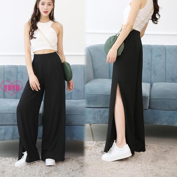 YOYO寬褲 側開叉高腰露腿闊腿褲 雪紡休閒褲（S-3L）【C1057】