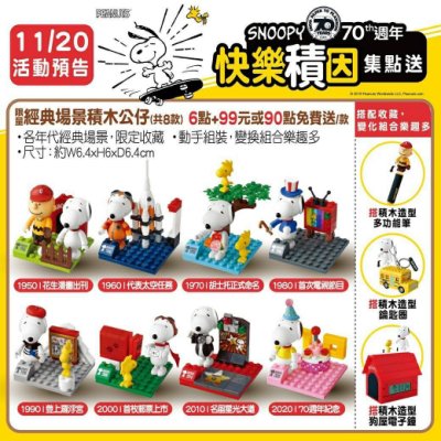 7-11 最新活動 SNOOPY 快樂積因 限量【經典場景公仔】 全套8 款 直購$1600元 預購 商品將於11/20日陸續出貨 商品需凑套請勿催促出貨時間 如要購買可直接在商品選項內下標即可 **