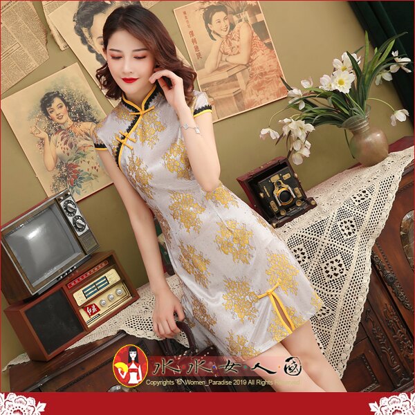【水水女人國】～熱賣優雅旗袍風～古典盤花(黃色)。復古民國風經典老上海複合花朵蕾絲改良式時尚修身超顯瘦A字裙擺旗袍洋裝