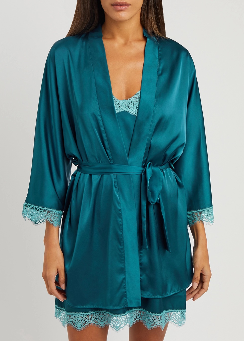 SIMONE PÉRÈLE Satin Secrets teal lace-trimmed kimono