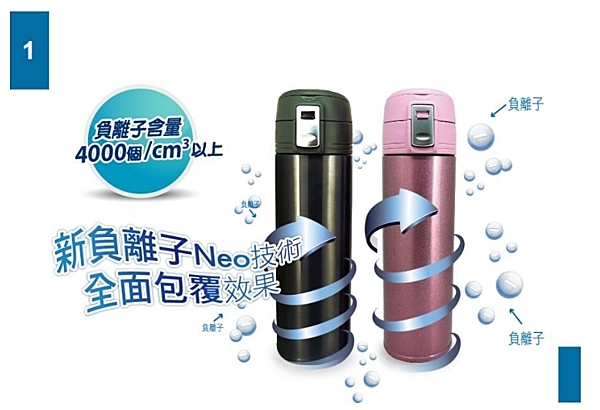 日本新負離子NEO技術n負離子含量4000單位n內膽航太陶瓷噴塗n瓶身內外均採用304不鏽鋼材質