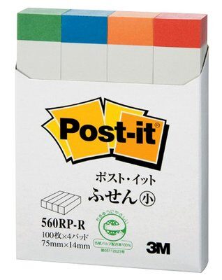 【文具通】3M Post-it 利貼 可再貼 指示標籤 再生紙 560RP-R 原550R 四色 14x75mm 100張/條 4條/包 F5010352