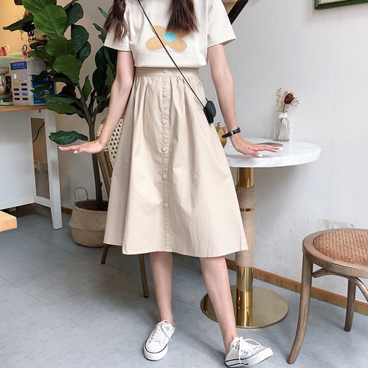 [現貨] 韓版學院風單排釦裝飾純色鬆緊高腰傘裙 高腰顯瘦寬鬆簡約休閒百搭長裙 百搭A字裙 大擺 工裝半身裙