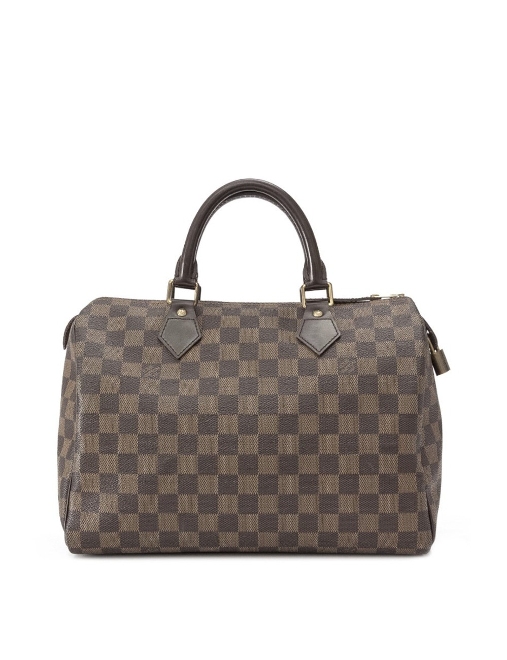 Exterior - Damier canvas with cowhide leather trim - Brass hardware - Double top handles - Zip top c