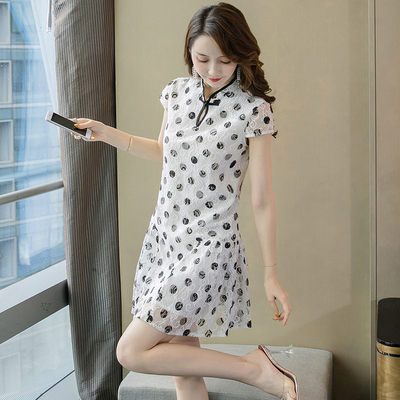 改良旗袍洋裝.半高領中國結圓點短袖連身裙蕾絲連身裙女6859GT539-B紅粉佳人