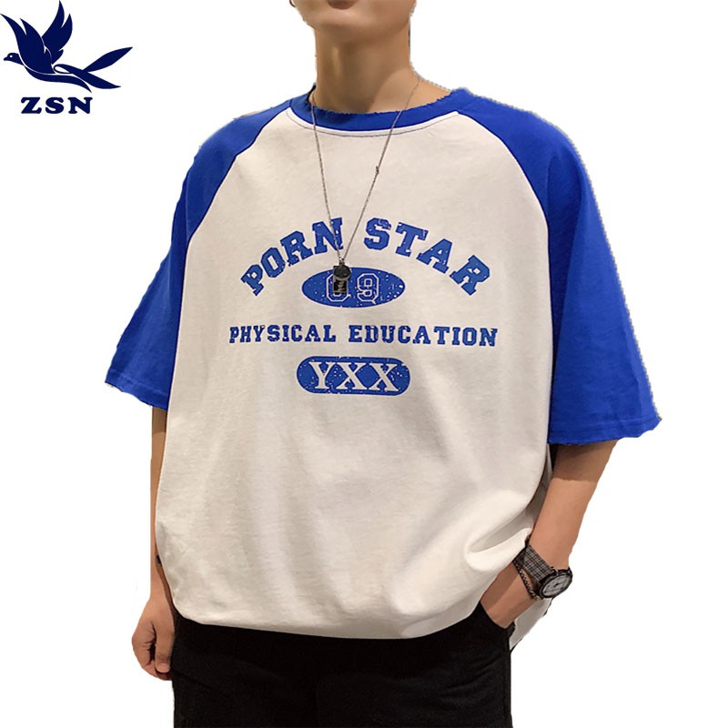 港風拼接圓領數字印花短袖T恤 百搭寬鬆青春五分袖 文藝簡約休閒套頭衫 青春圓領排汗衫 潮流顯瘦學院風運動T恤